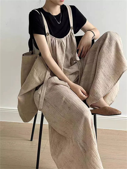 Vintage Leinen-Sommer-Jumpsuit mit weitem Bein, lockerer Passform, Trägern und weichem Fall