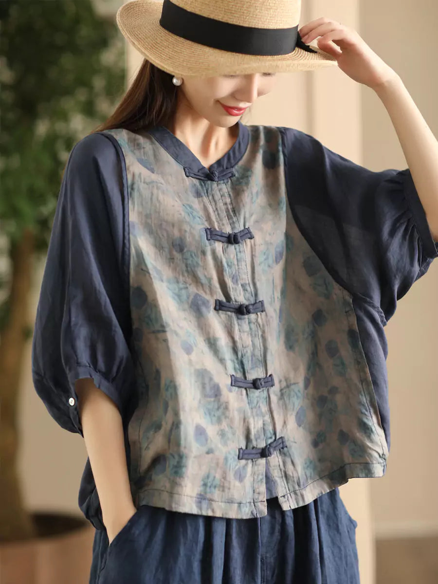 Vintage Ramie Jacquard Stand-Collar Shirt for Women with Frog Button