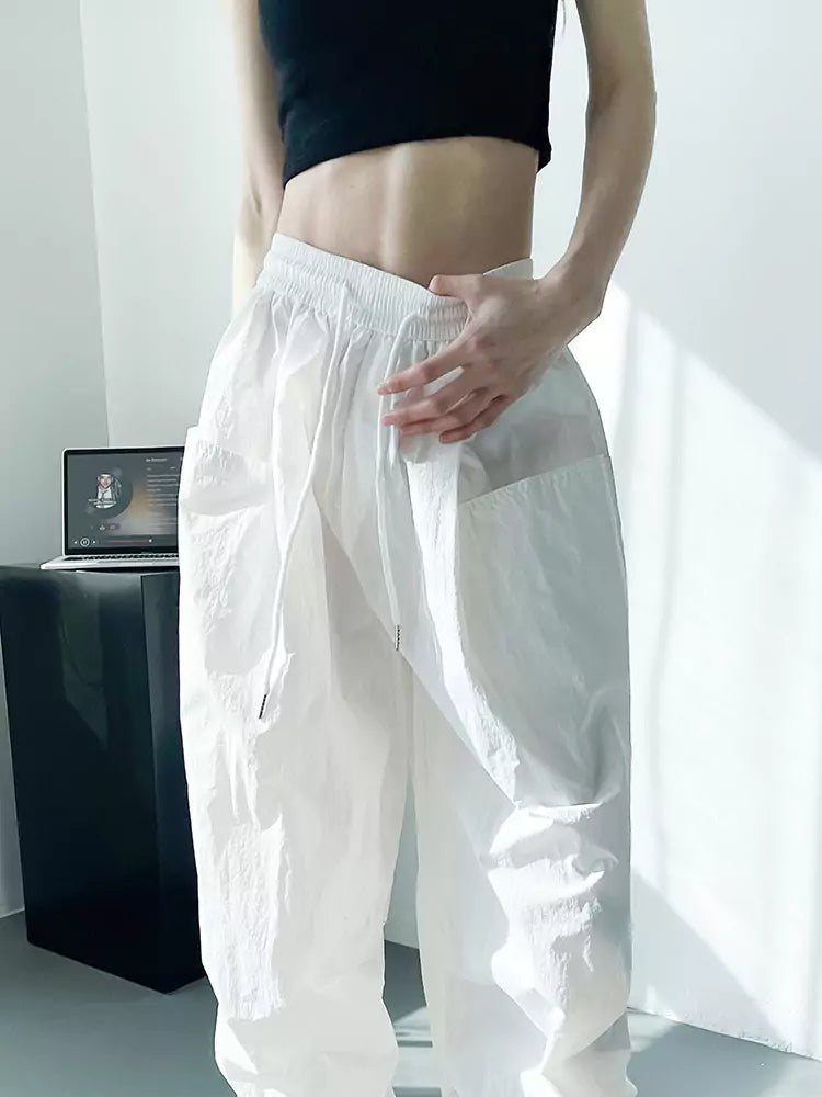 Wide-Leg Summer White Ice Silk High-Waist Loose Cargo Pants for Women