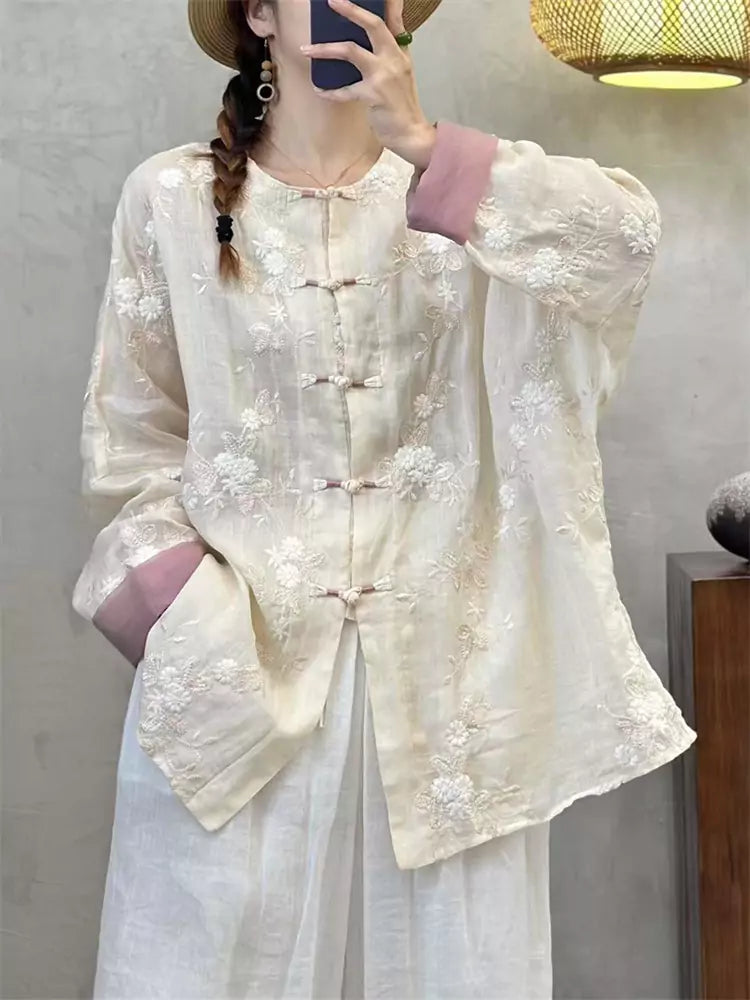 Vintage-Hemd im chinesischen Stil aus Ramie mit Stickerei und Froschknöpfen für Damen