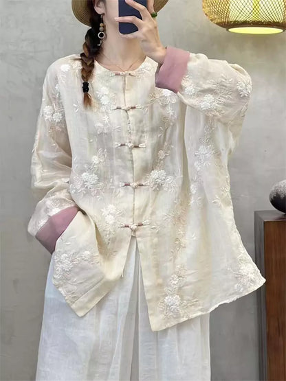Vintage-Hemd im chinesischen Stil aus Ramie mit Stickerei und Froschknöpfen für Damen