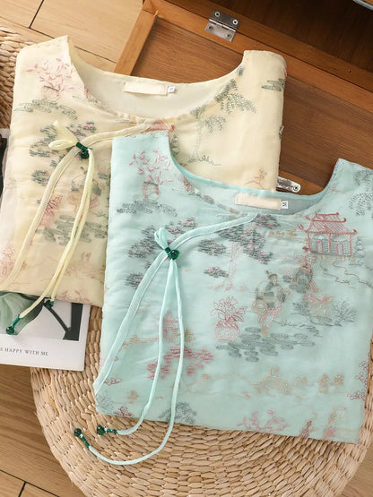 Kurzarmbluse aus Organza im chinesischen Stil mit Stickerei und asymmetrischem Verschluss