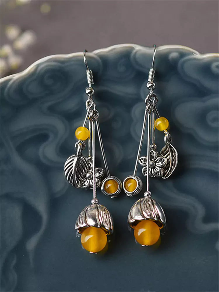 Pendientes largos colgantes de ágata amarilla de plata tibetana estilo palacio étnico