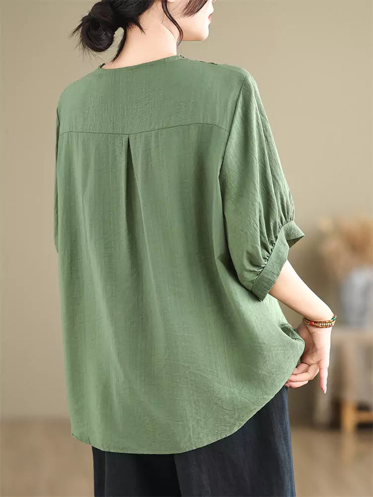 Plus Size Solid Color Embroidered Cotton Linen Short Sleeve Top For Women