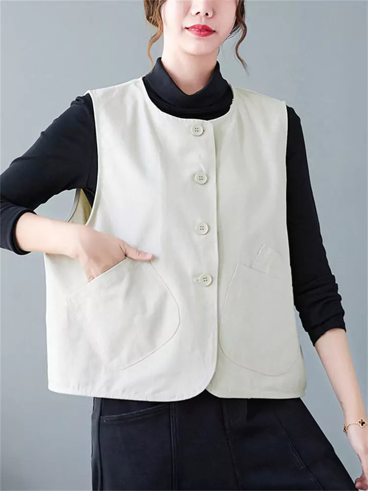 Plus Size Solid Color Casual Vintage Utility Vest for Women