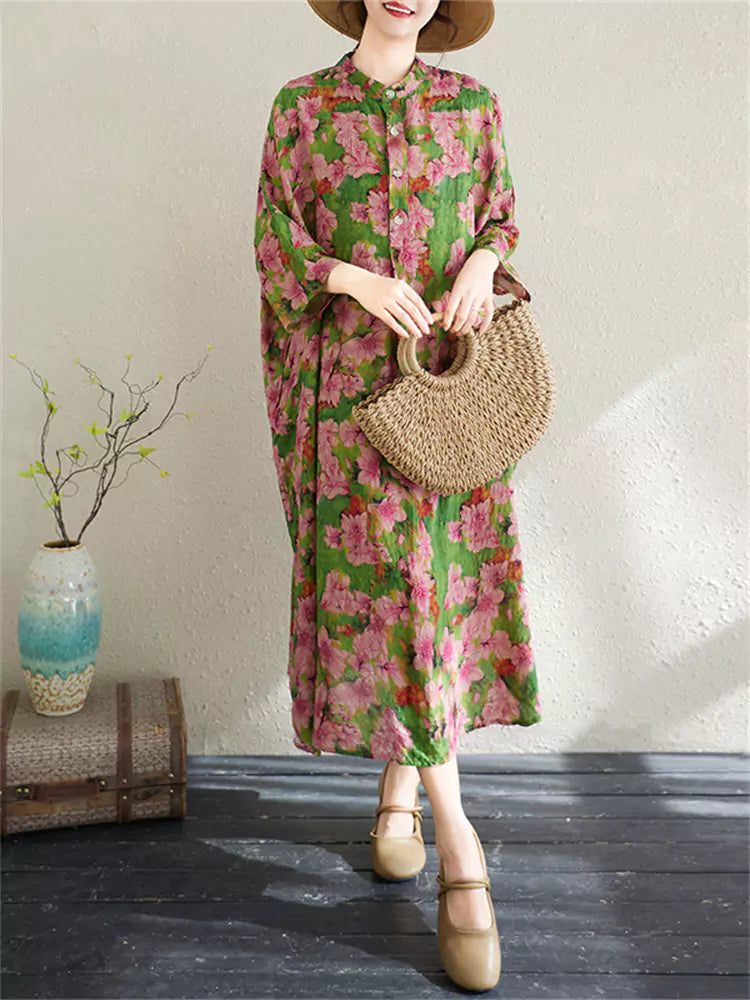 Vestido largo vintage de lino y algodón con estampado floral de talla grande para mujer