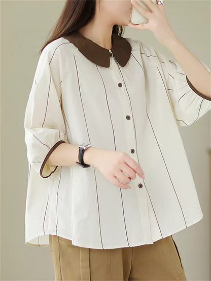 Preppy-Bluse mit Farbblock-Design, Peter-Pan-Kragen, Streifen und kurzen Ärmeln für Damen
