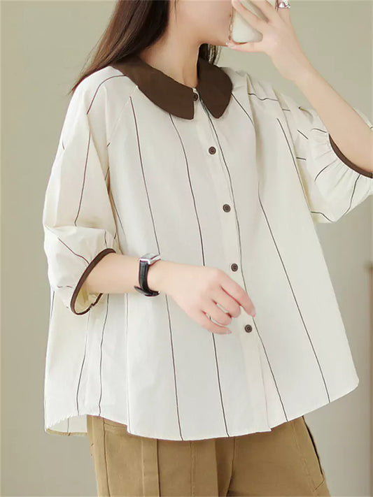 Preppy Colorblock Peter Pan Collar Striped Short Sleeve Blouse For Women