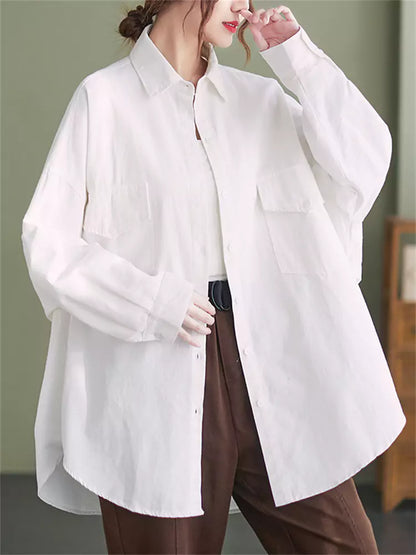 Plus Size Pockets Solid Color Long Shirt for Women