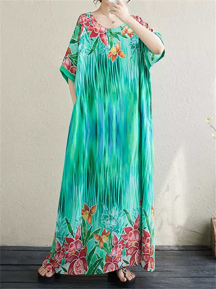 Bohemian Summer Plus Size  Beach Dress with Round Neck Elegant and Artistic Style
