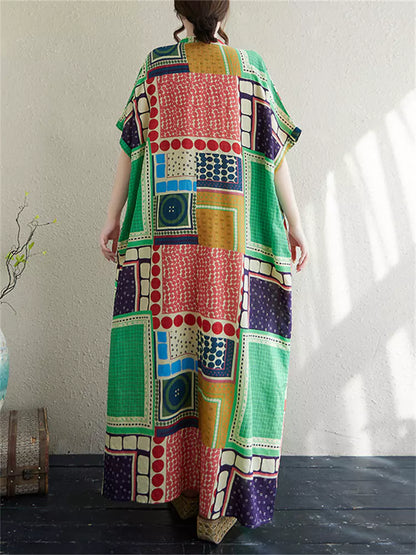 Vintage Maxikleid aus Baumwoll-Leinen-Mischgewebe mit V-Ausschnitt und lockerer Passform im Boho-Stil – perfekt für Strand und Urlaub