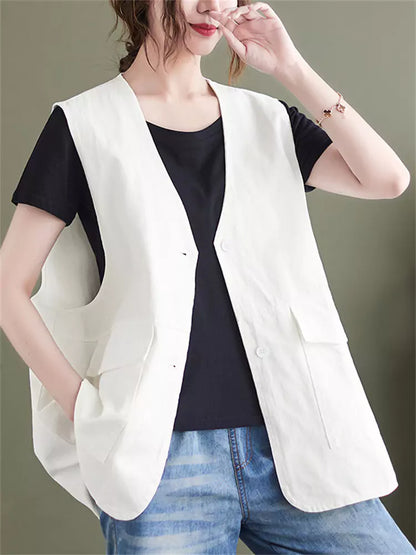 Plus Size Pockets Solid Color Cotton Vest for Women