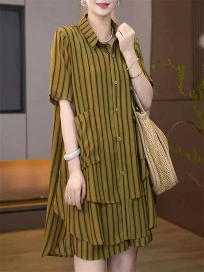 Elegante conjunto de dos piezas para mujer: top holgado con estampado de rayas y pantalones cortos