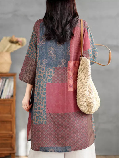 Vintage-Tunika-Top aus Ramie mit Blumenmuster, V-Ausschnitt, lockerer Passform und 3/4-Ärmeln