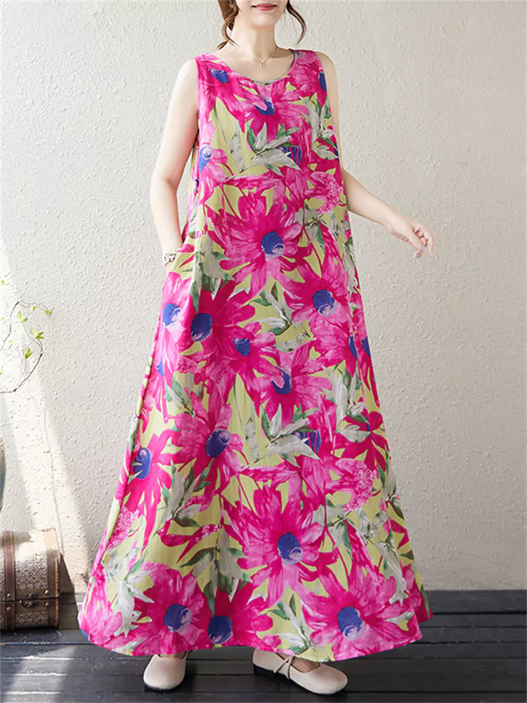 Vestido largo de lino y algodón con estampado floral bohemio de talla grande para mujer sin mangas