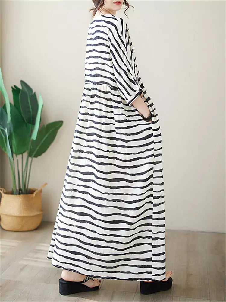 Plus Size Bohemian Striped Cotton Linen Maxi Dress for Women