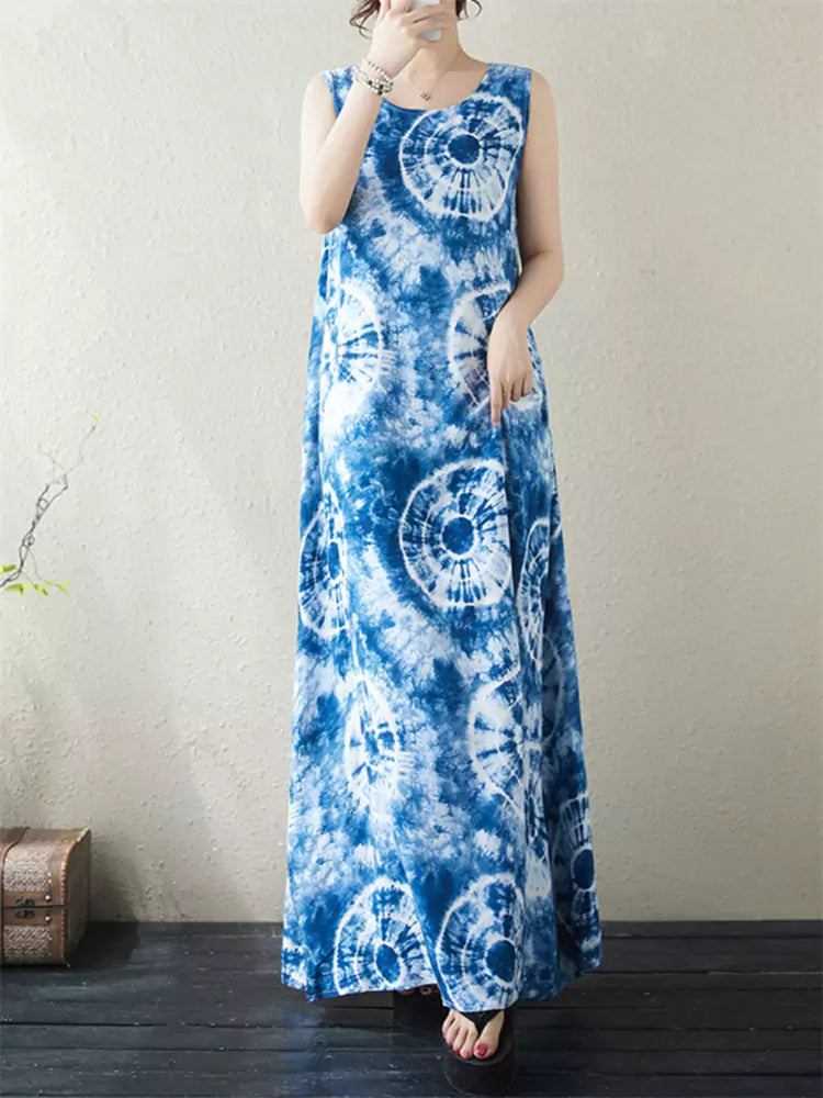 Summer Vacation Plus Size Tie-Dye Blue Sleeveless Maxi Dress