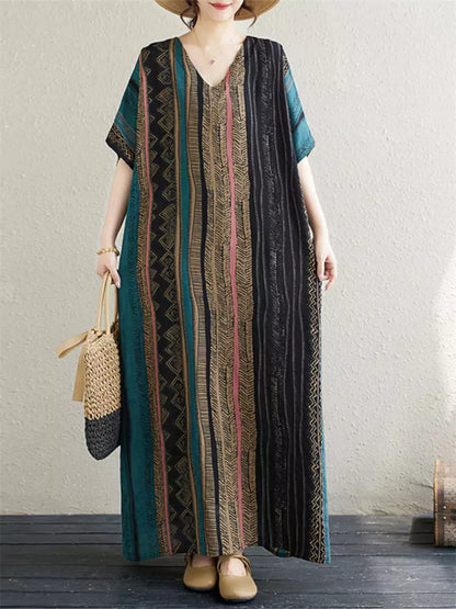 Plus Size V-Neck Vintage Striped Cotton Linen Dress Flattering and Elegant