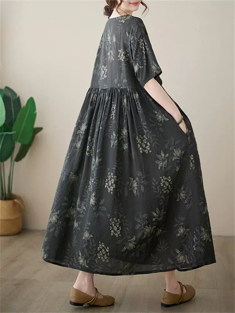 Plus Size Short Sleeve Round Neck Casual Printed Cotton Linen Maxi Dress