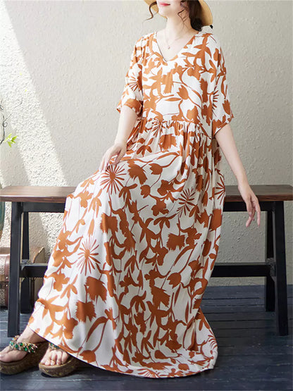 Plus Size Ethno-Kleid mit V-Ausschnitt und Blumenmuster für Damen