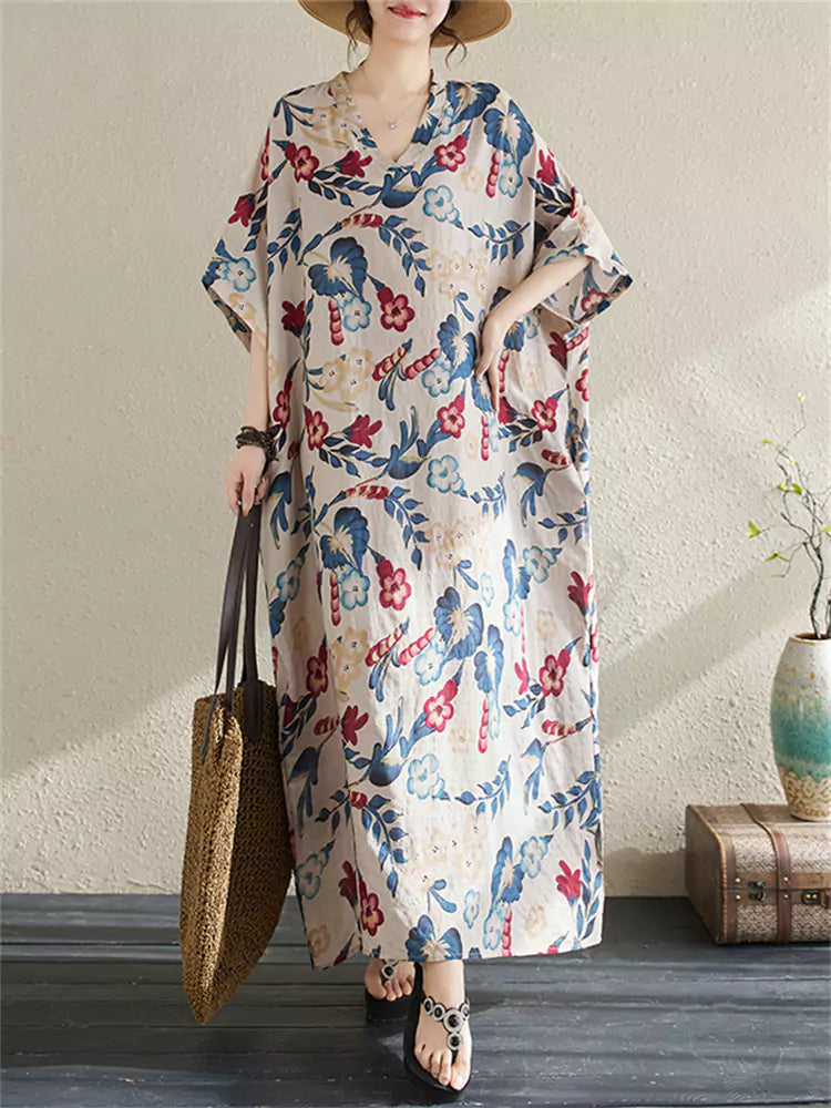 Plus Size Boho Floral Cotton Linen Maxi Dress for Women
