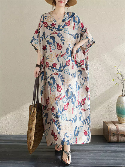 Maxikleid im Boho-Stil mit Blumenmuster aus Baumwoll-Leinen-Mischgewebe in Übergröße für Damen