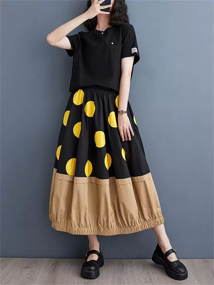Falda holgada con estampado de lunares amarillos únicos y patchwork