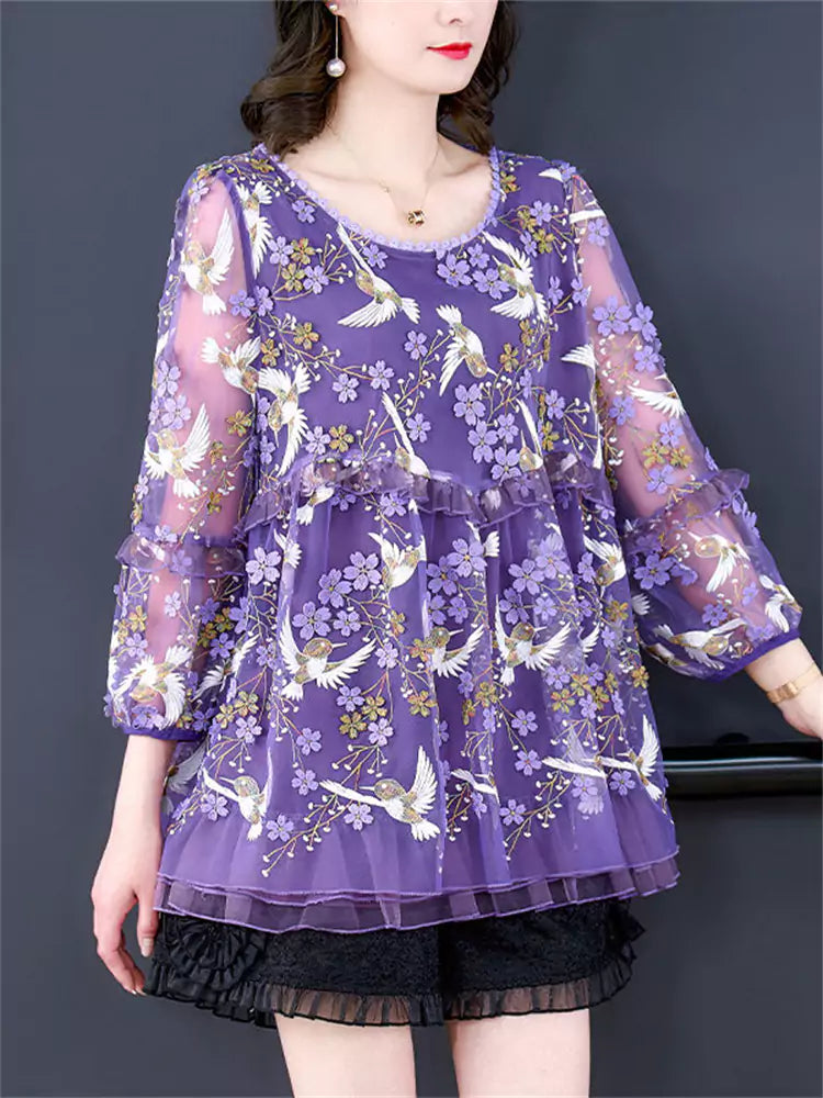 Plus Size Elegant Round Neck Embroidered Lace Blouse for Women