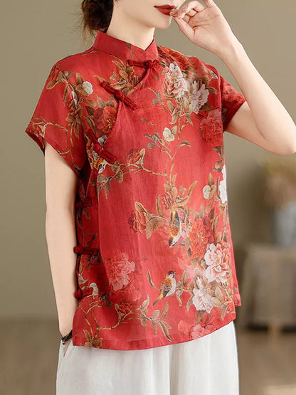 Neue Bluse im chinesischen Stil aus rotem Brokatleinen mit Stehkragen und Froschknöpfen