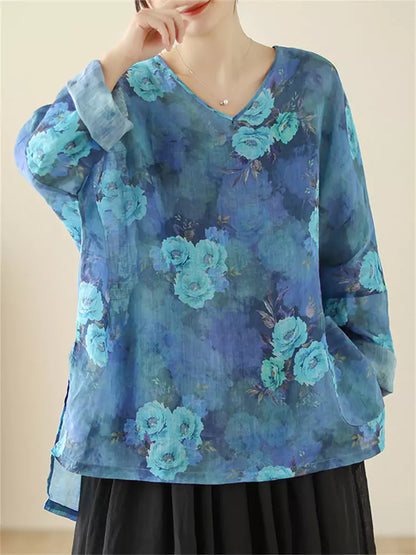 Lässige, langärmelige Ramie-Bluse mit künstlerischem Blumenmuster und V-Ausschnitt für Damen