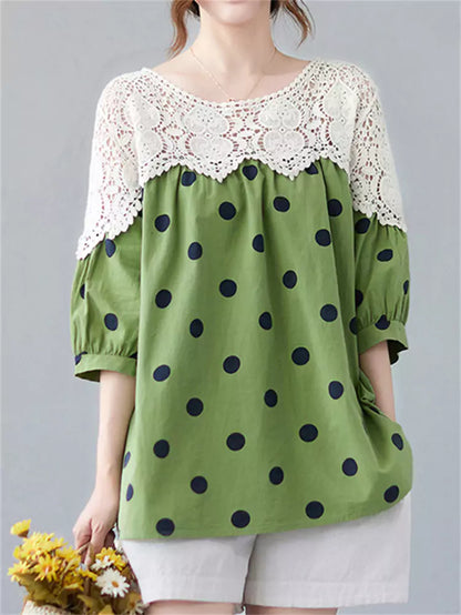 Süße, kurzärmelige Bluse im französischen Stil mit Polka-Dot-Spitzenapplikationen
