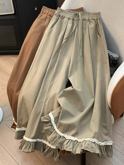 Mori Style Vintage Cotton Ruffle Hem Wide-Leg Cropped Pants for Women