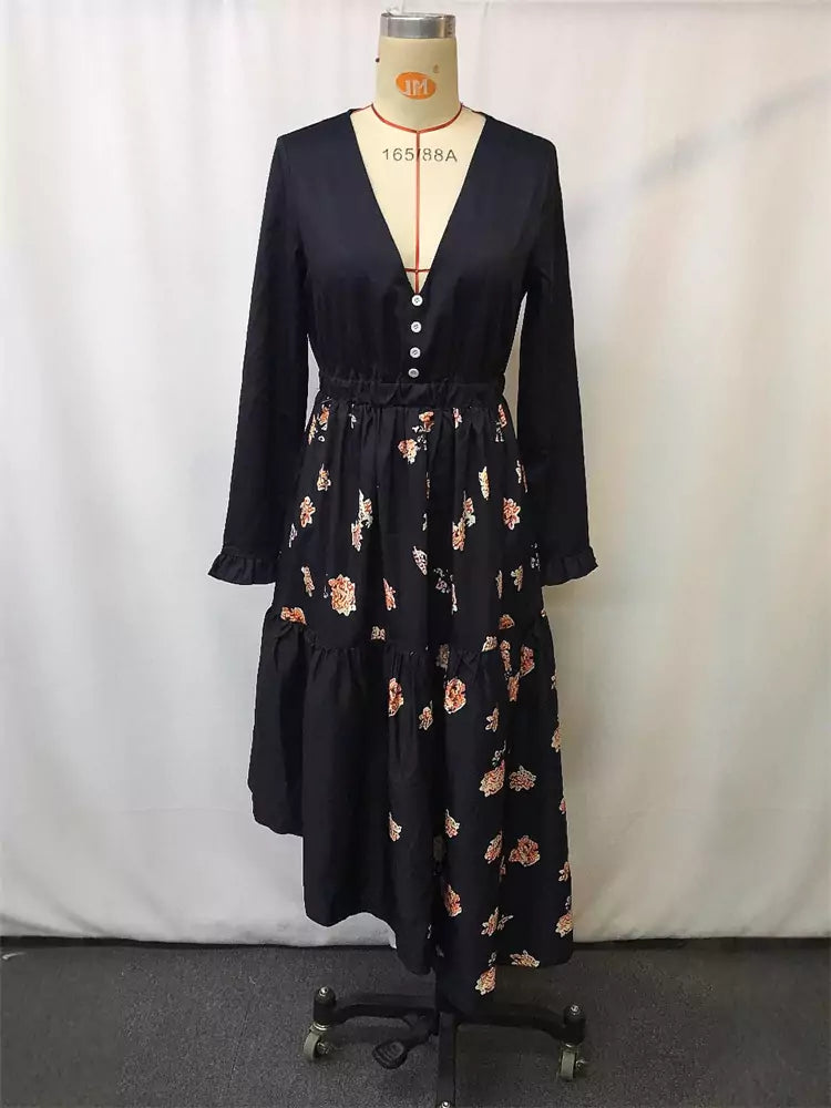 Vintage Ethnic Style Boho Floral Print Dress Long Sleeve