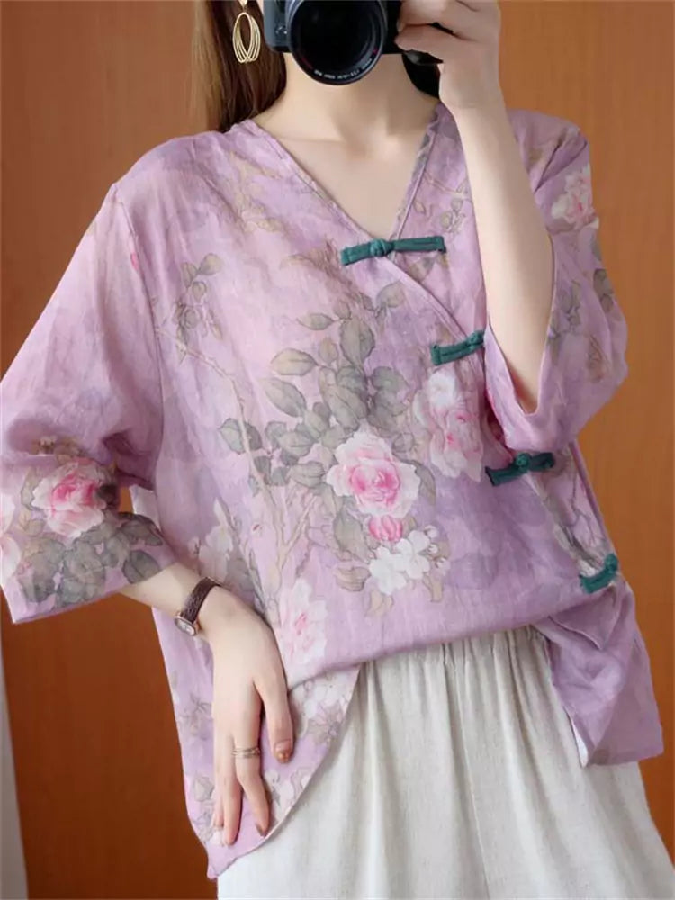 Vintage Chinese Style Floral V-Neck Cotton Linen Asymmetrical Blouse for Women