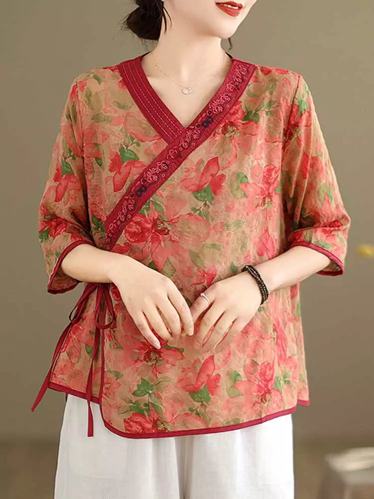 Vintage Blue Floral Print Blouse with Side Closure & Asymmetrical Collar