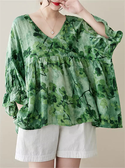 Sommerbluse für Damen aus Leinen mit V-Ausschnitt, Puppenkragen und langen Ärmeln, locker geschnitten, lässig und locker geschnitten