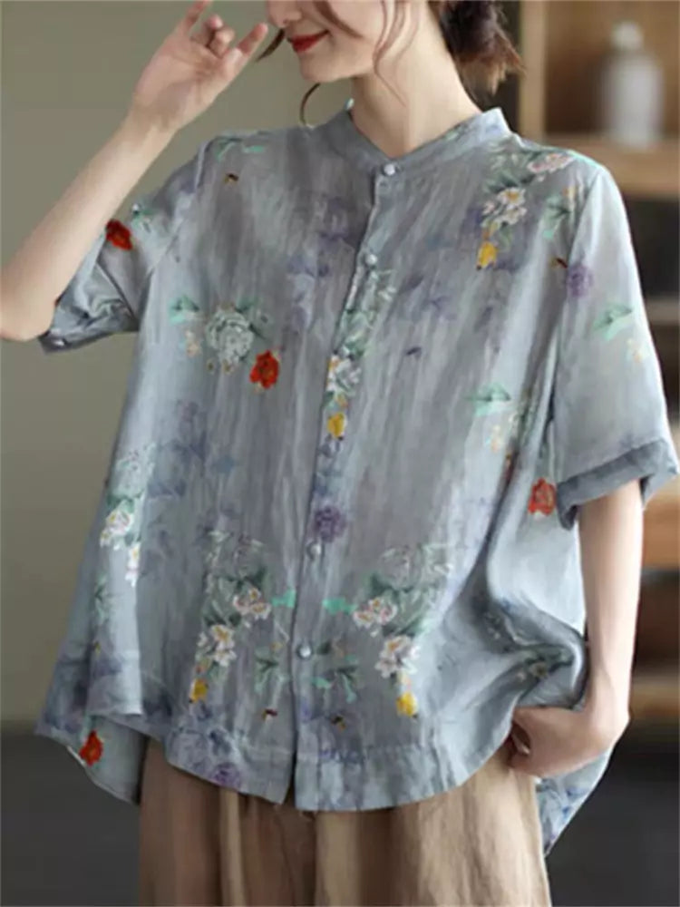 Plus Size Summer Vintage Floral Cotton Linen Blouse for Women Short Sleeve