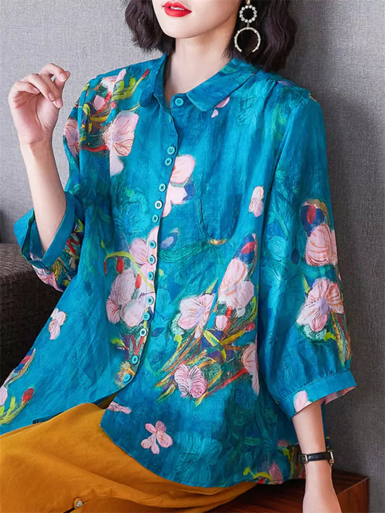 Plus Size High End Blue Floral Print Ramie Shirt for Women 3/4 Sleeve