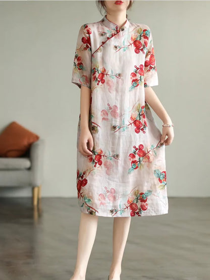 Elegant Loose Fit Cotton Linen Floral Cheongsam with Stand Collar and Frog Buttons