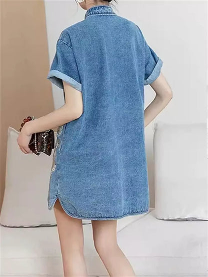 Modern Chinese Style Denim Embroidered Cheongsam with Waist-Cinching Design
