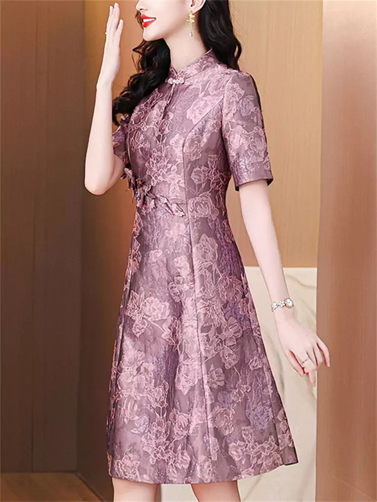 Modern Chinese Style Stand Collar Jacquard Qipao Dress with Waist-Cinching Design