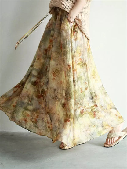 Vintage-Maxirock mit künstlerischem Ölgemälde-Print und fließender A-Linien-Silhouette