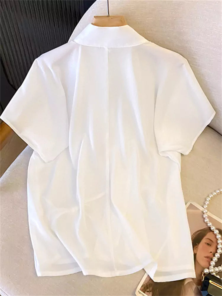 Vintage Crossover Collar Short Sleeve Embroidered Chinese Hanfu Blouse for Women