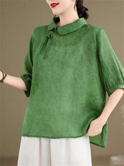 Elegantes Ramie-Hemd im chinesischen Stil für Damen, halblang, mit halben Ärmeln