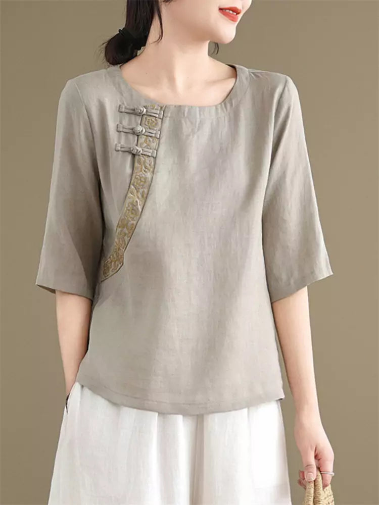 Vintage Chinese Style Short Sleeve Embroidered Linen Blouse for Women with Diagonal Placket and Frog Buttons