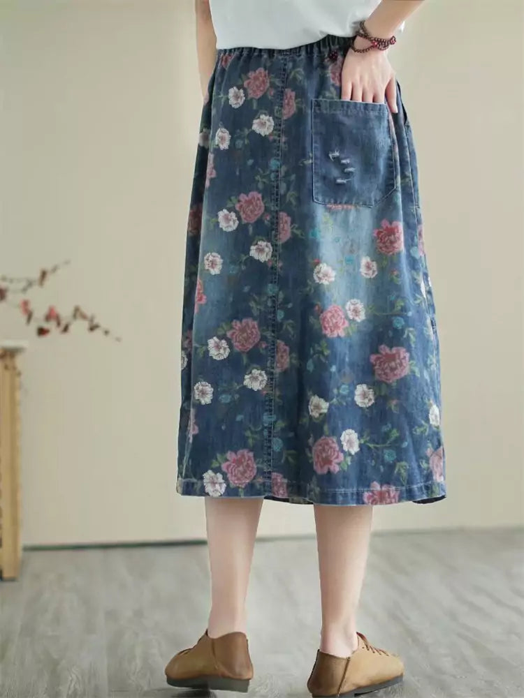 Vintage Loose Casual Printed Patchwork Midi Denim Skirt Elastic Waist