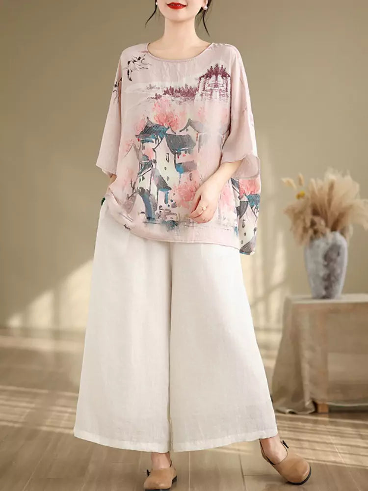 Vintage Artistic Ink Print Loose Fit Batwing Sleeve Blouse for Women