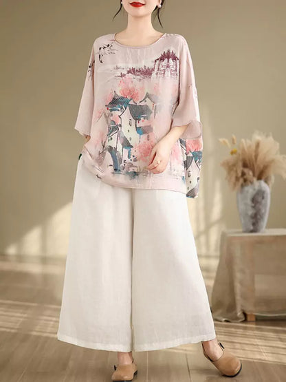 Vintage-Bluse mit künstlerischem Tintendruck, lockerer Passform und Fledermausärmeln für Damen