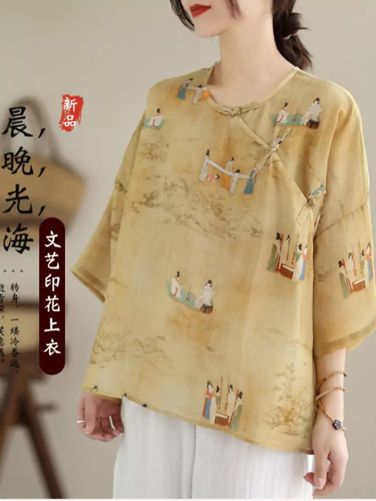 Plus Size Chinese Style Cotton Linen Printed Blouse for Women 3/4 Sleeve with Frog Buttons