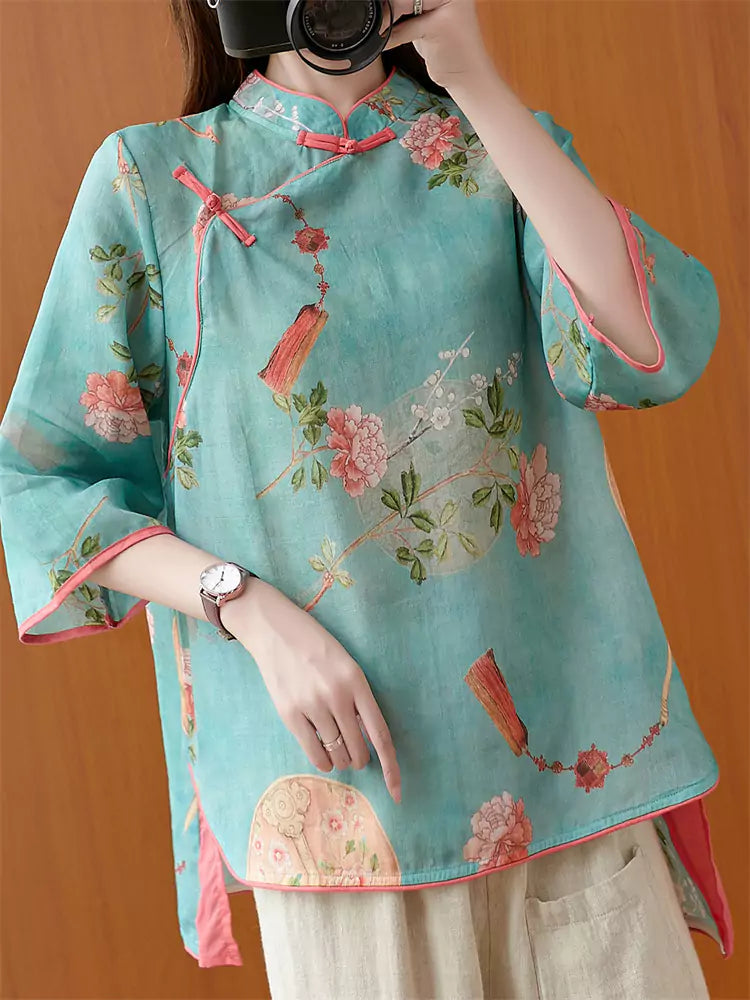 Vintage Plus Size Chinese Style Zen-Inspired Floral Print Ramie Blouse for Women